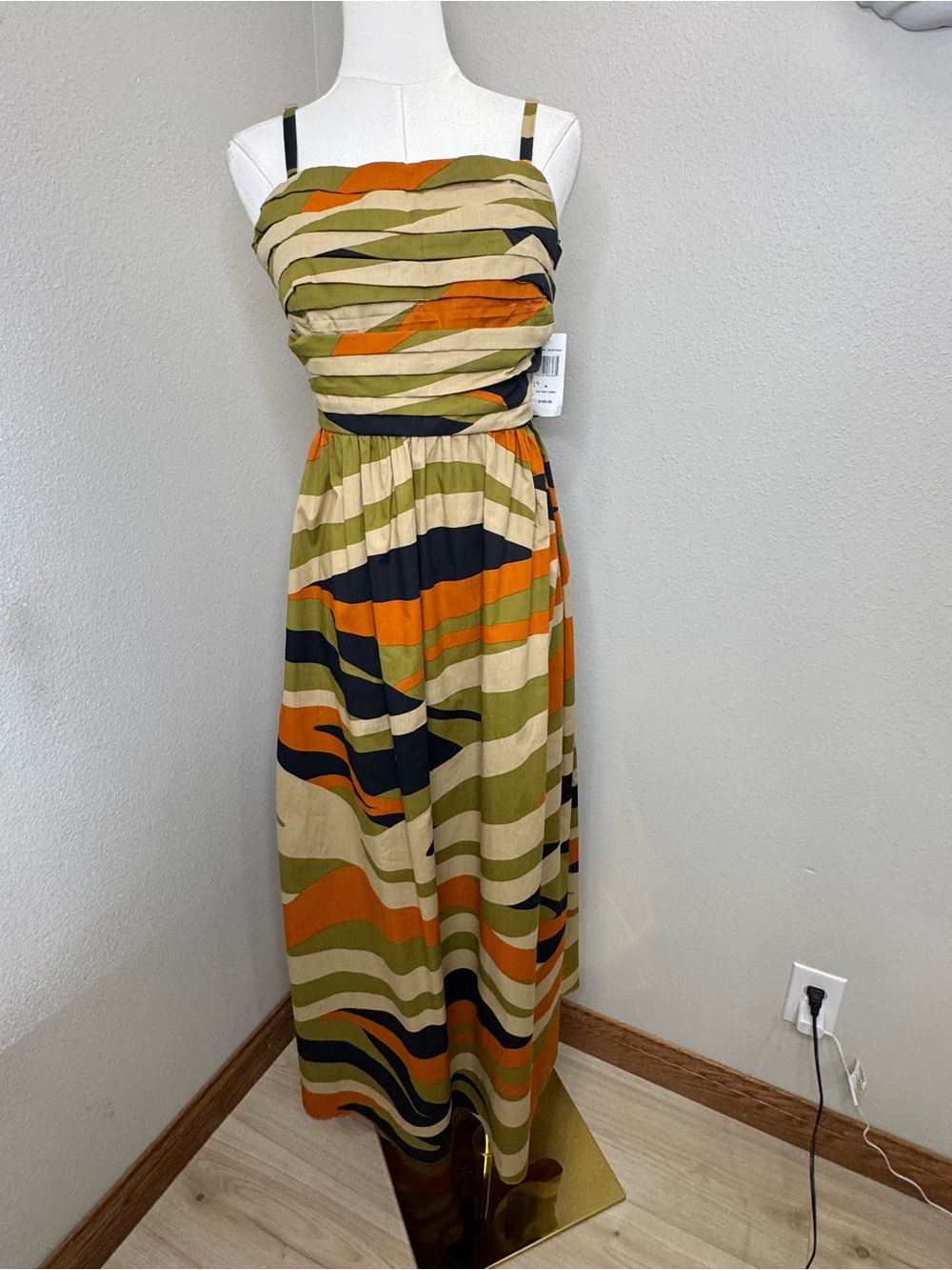 MSK Cotton Maxi Dress M Olive Orange Navy Ruched Tie Back NWT
